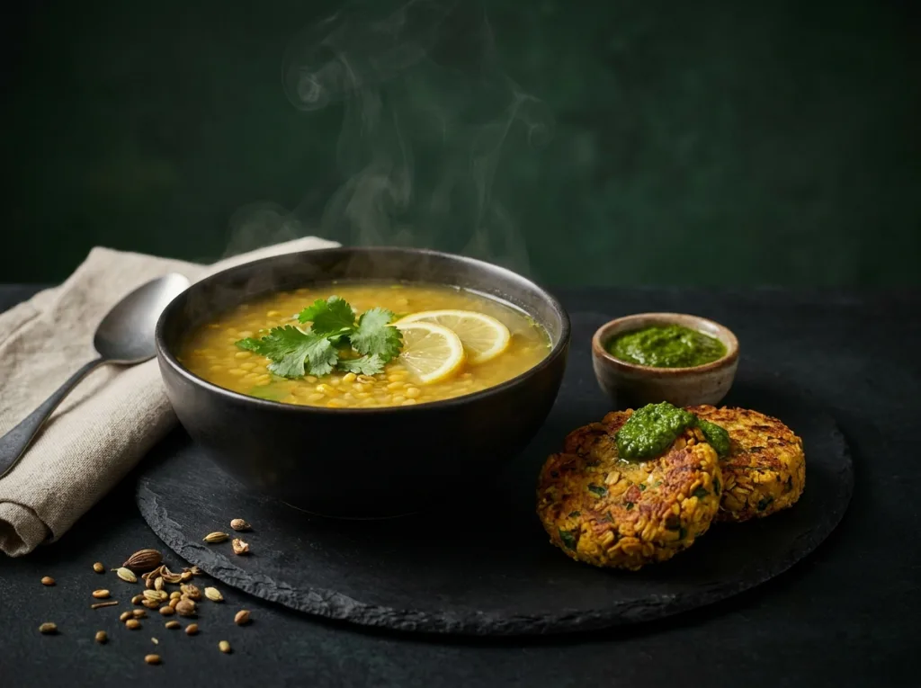 Moong Soup with Baked Veg Tikki