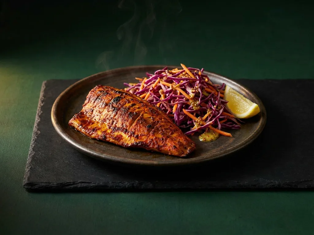 Tandoori Fish with Red Cabbage Slaw